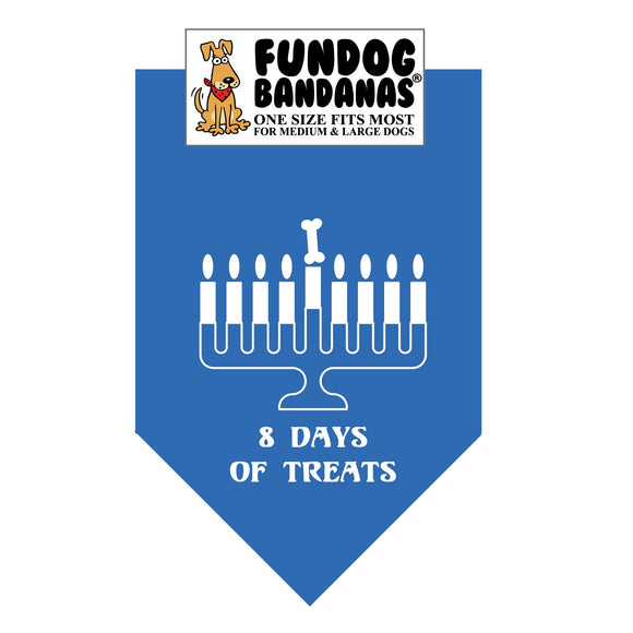 Mirage Blue one size fits most dog bandana with 8 Days of Treats and a Menorah in white ink.