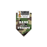 Green camouflage miniature dog bandana with Bark if you Support our Troops in white ink.