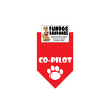 Red miniature dog bandana with Co-Pilot and a paw in white ink.