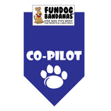 Royal Blue one size fits most dog bandana with Co-Pilot and a paw in white ink.