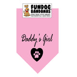 Light Pink one size fits most dog bandana with Daddy's Girl and a paw inside of a heart in black ink.