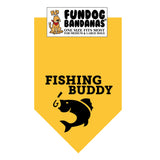 Mustard one size fits most dog bandana with Fishing Buddy and a fish in black ink.
