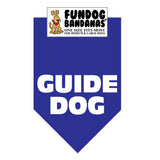 Royal Blue one size fits most dog bandana with Guide Dog in white ink.