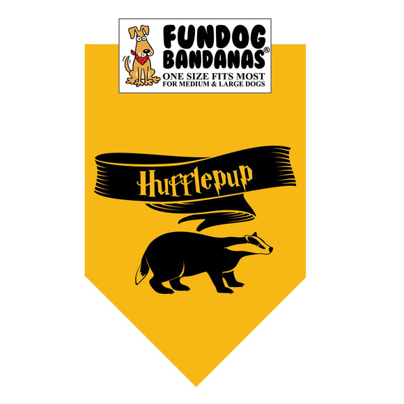 Gold one size fits most dog bandana with Hufflepup and a badger in black ink.