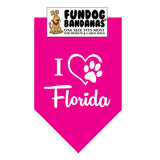 Hot Pink one size fits most dog bandana with I Heart Florida and a paw within a heart in white ink.