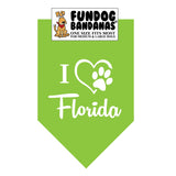 Lime Green one size fits most dog bandana with I Heart Florida and a paw within a heart in white ink.