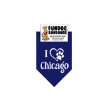 Navy Blue miniature dog bandana with I Heart Chicago and a paw within a heart in white ink.