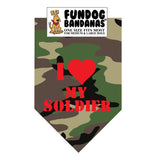 Green camouflage one size fits most dog bandana with I Love my Soldier and a red heart in red ink.