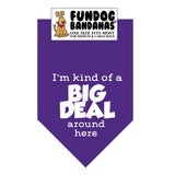 Purple one size fits most dog bandana with I'm Kind of a Big Deal Around Here in white ink.