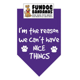 Purple one size fits most dog bandana with I'm The Reason We Can't Have Nice Things and 2 paws in white ink.