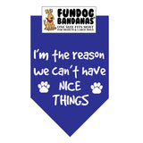 Royal Blue one size fits most dog bandana with I'm The Reason We Can't Have Nice Things and 2 paws in white ink.