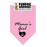 Light Pink one size fits most dog bandana with Mama's Girl and a paw within a heart in black ink.