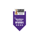 Purple miniature dog bandana with Obedience School Dropout, a crown and four paws in white ink