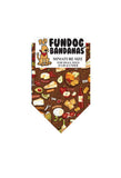 Different wines and cheeses are scattered across a brown miniature dog bandana.