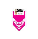 Hot Pink miniature dog bandana with a pearl necklace with a heart in white ink.