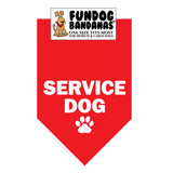 Red one size fits most dog bandana with Service Dog and a paw in white ink.