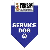 Royal Blue one size fits most dog bandana with Service Dog and a paw in white ink.