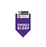 Purple miniature dog bandana with Snuggle Buddy in white ink.