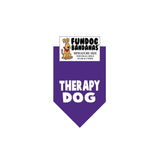Purple miniature dog bandana with Therapy Dog in white ink.