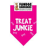 Hot Pink one size fits most dog bandana with Treat Junkie and dog bones in white ink.