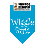 Turquoise one size fits most dog bandana with Wiggle Butt in white ink.