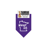Purple miniature dog bandana with Woof Da and 2 paws inside the state of minnesota outline.
