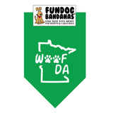 Kelly Green one size fits most dog bandana with Woof Da and 2 paws inside the state of minnesota outline.