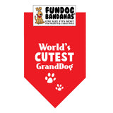 Red one size fits most dog bandana with World's Cutest GrandDog and 2 paws in white ink.