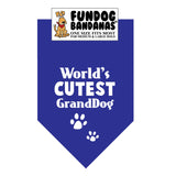 Royal Blue one size fits most dog bandana with World's Cutest GrandDog and 2 paws in white ink.
