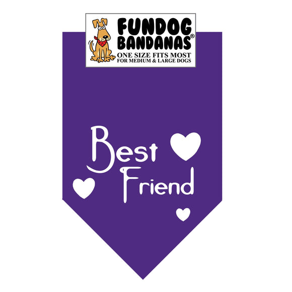 Purple one size fits most dog bandana with Best Friend and 3 hearts in white ink.