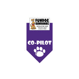 Purple miniature dog bandana with Co-Pilot and a paw in white ink.