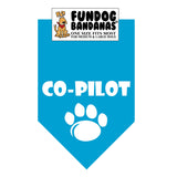 Turquoise one size fits most dog bandana with Co-Pilot and a paw in white ink.