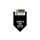 Black miniature dog bandana with Daddy's Boy and a bone in white ink.