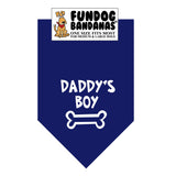 Navy Blue one size fits most dog bandana with Daddy's Boy and a bone in white ink.