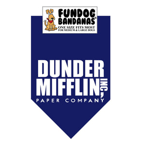 Navy Blue one size fits most dog bandana with Dunder Mifflin Paper Company in white ink.