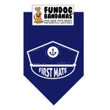 Navy Blue one size fits most dog bandana with First Mate and captain's hat in white ink.