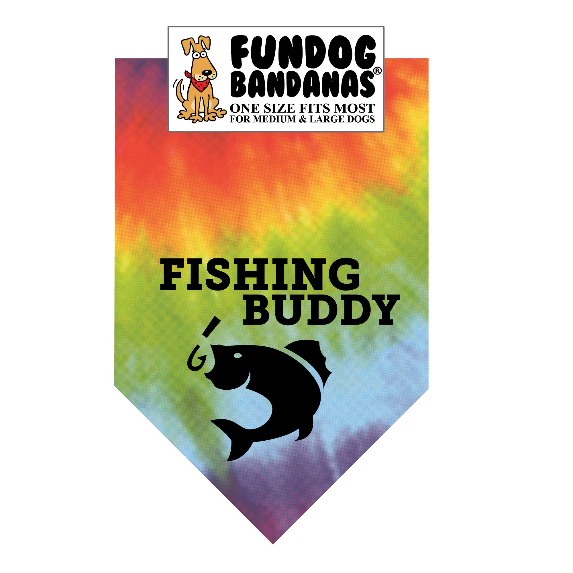 Fun Dog Bandana - Fishing Buddy - One Size Fits Most for Med to LG Dogs, Tie Dye Pet Scarf, White