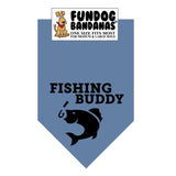 Chambray one size fits most dog bandana with Fishing Buddy and a fish in black ink.