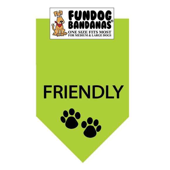 Lime Green one size fits most dog bandana with Friendly and two paws in black ink.