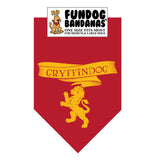 Burgundy one size fits most dog bandana with Gryffindog and a griffin in gold ink.