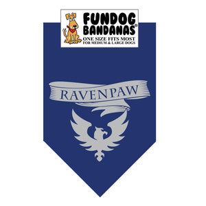 Navy Blue one size fits most dog bandana with Ravenpaw and a raven symbol in gray ink.