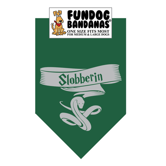 Forest Green one size fits most dog bandana with Slobberin and a snake in gray ink.