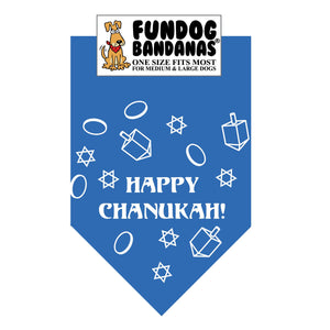 Mirage Blue one size fits most dog bandana with Happy Chanukah! and The Star of David and a Dreidel in white ink.