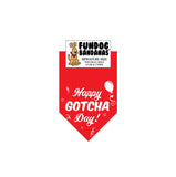 Red miniature dog bandana with Happy Gotcha Day, a balloon and some confetti in white ink.