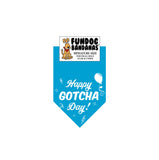 Turquoise miniature dog bandana with Happy Gotcha Day, a balloon and some confetti in white ink.