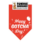 Red one size fits most dog bandana with Happy Gotcha Day, a balloon and some confetti in white ink.