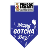 Royal Blue one size fits most dog bandana with Happy Gotcha Day, a balloon and some confetti in white ink.