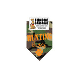 Green camouflage miniature dog bandana with Hunting Buddy and a paw in orange ink.