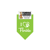 Lime Green miniature dog bandana with I Heart Florida and a paw within a heart in white ink.