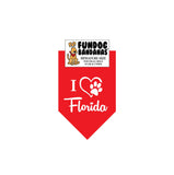 Red miniature dog bandana with I Heart Florida and a paw within a heart in white ink.